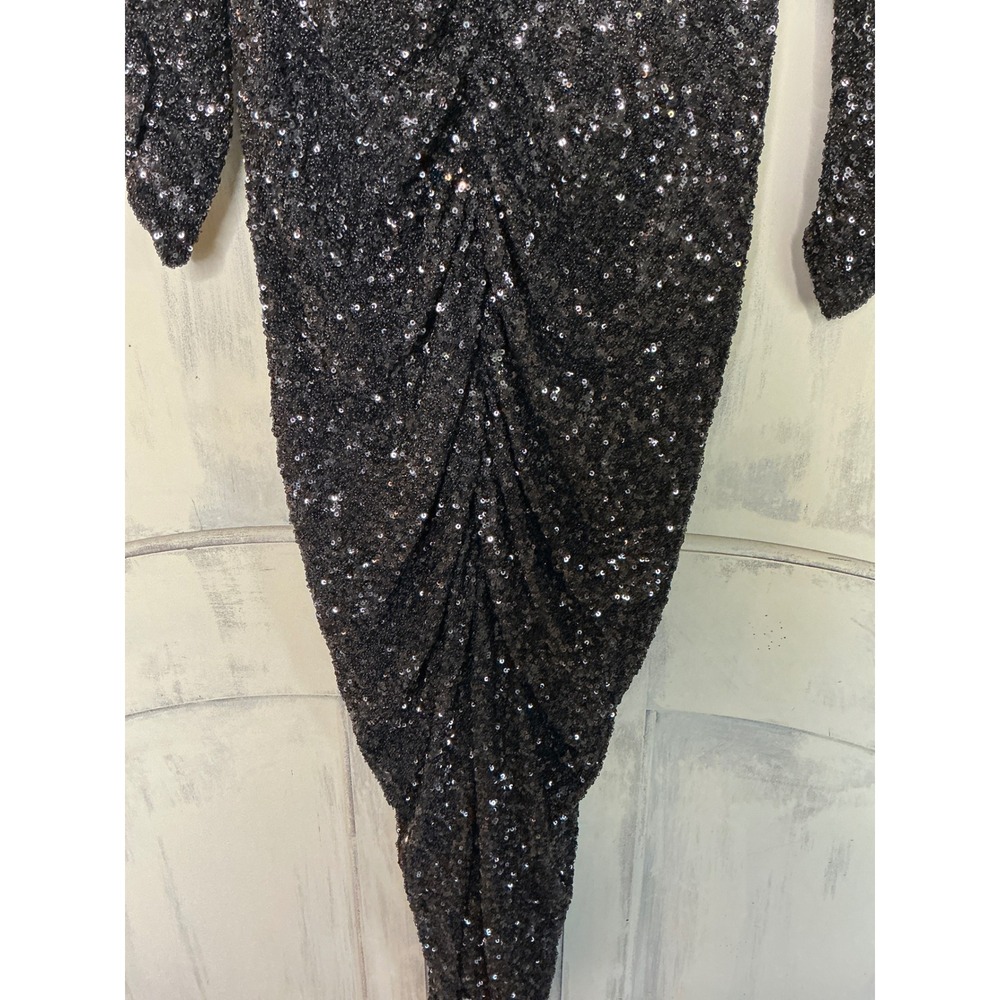 Express Sequin Midi Dress Womens Small Black Ruched V-Neck Long Sleeve Glam NEW - Picture 3 of 7